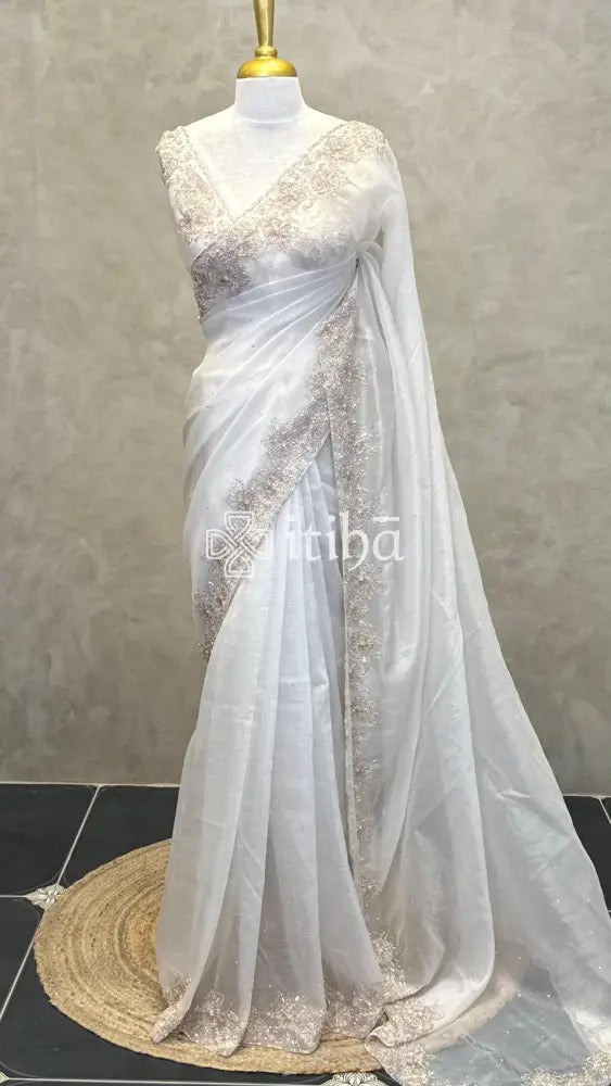 ORGANZA HAND EMBROIDERY SAREE - OFF WHITE