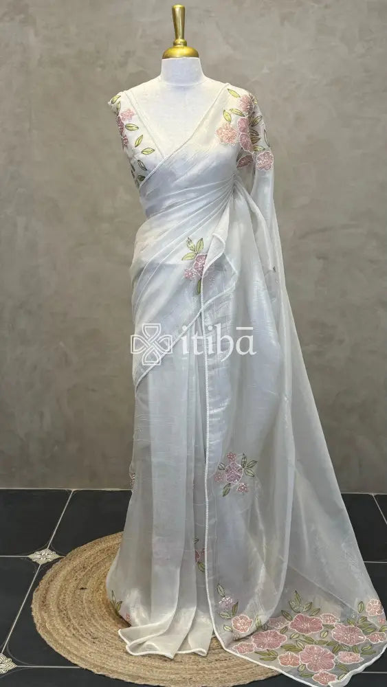 ORGANZA HAND EMBROIDERY SAREE - OFF WHITE