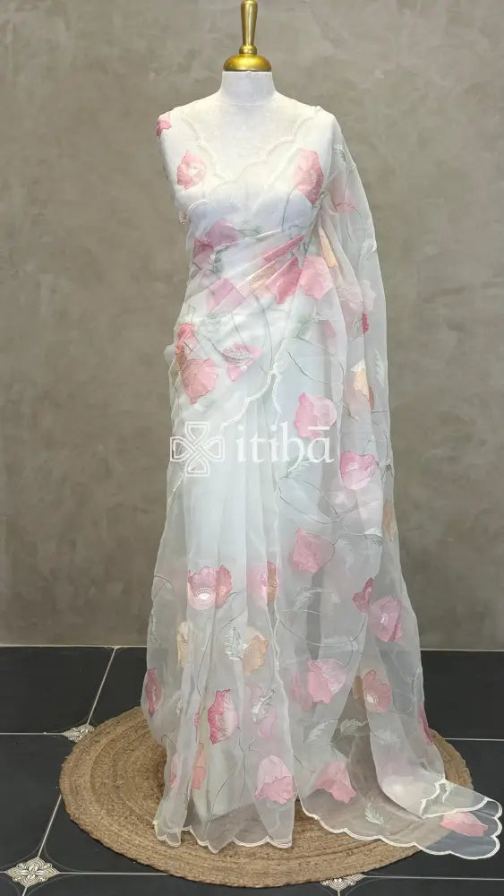 ORGANZA HAND EMBROIDERY SAREE - PALE WHITE