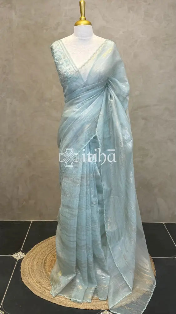 ORGANZA HAND EMBROIDERY SAREE - PASTEL AQUA GREEN