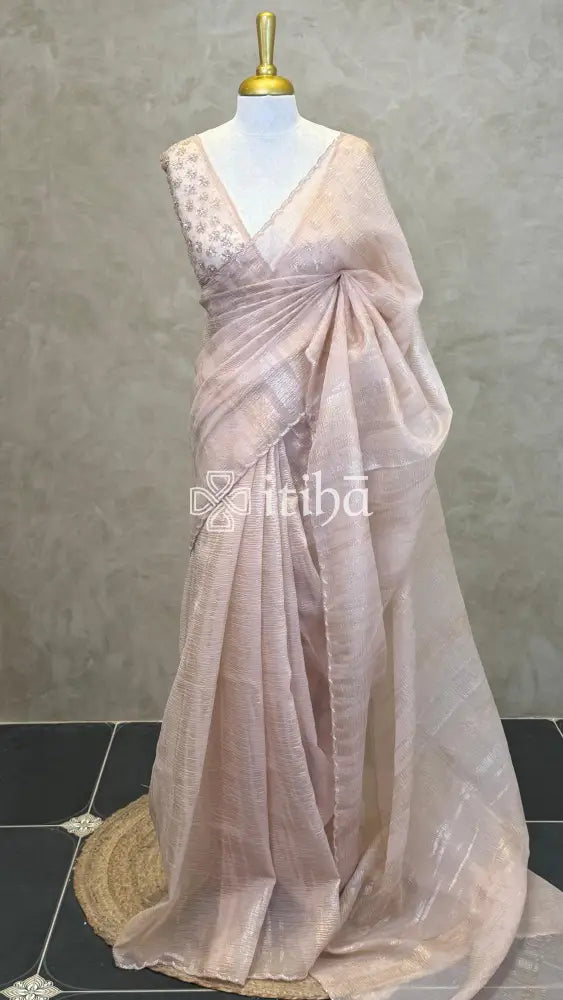 ORGANZA HAND EMBROIDERY SAREE - PASTEL PEACH
