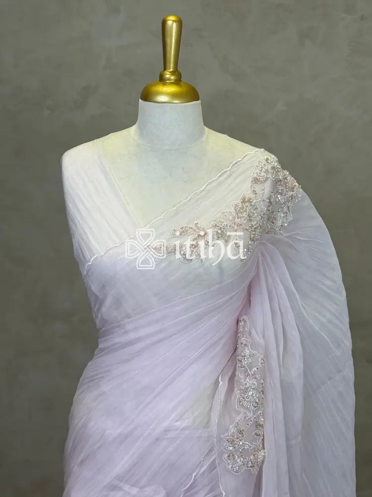 ORGANZA HAND EMBROIDERY SAREE - PASTEL PINK