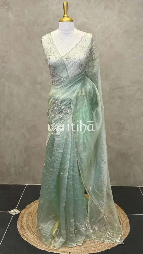 ORGANZA HAND EMBROIDERY SAREE - PASTEL PISTA GREEN
