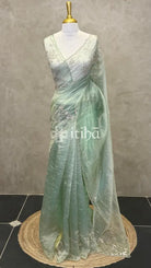 ORGANZA HAND EMBROIDERY SAREE - PASTEL PISTA GREEN