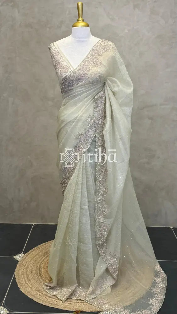ORGANZA HAND EMBROIDERY SAREE - PASTEL PISTA GREEN