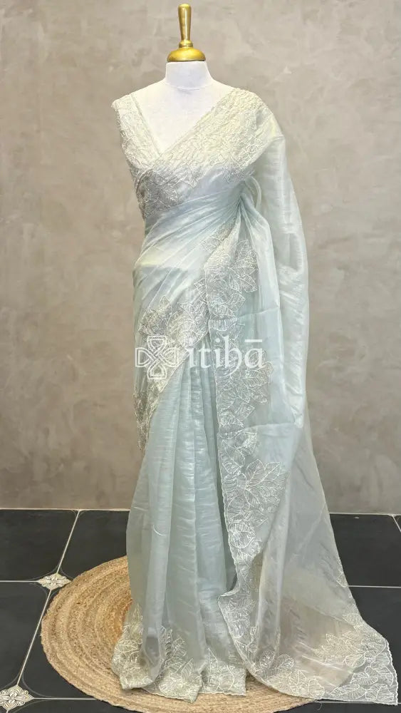 ORGANZA HAND EMBROIDERY SAREE - PASTEL PISTA GREEN