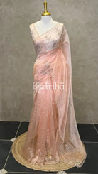 ORGANZA HAND EMBROIDERY SAREE - PEACH