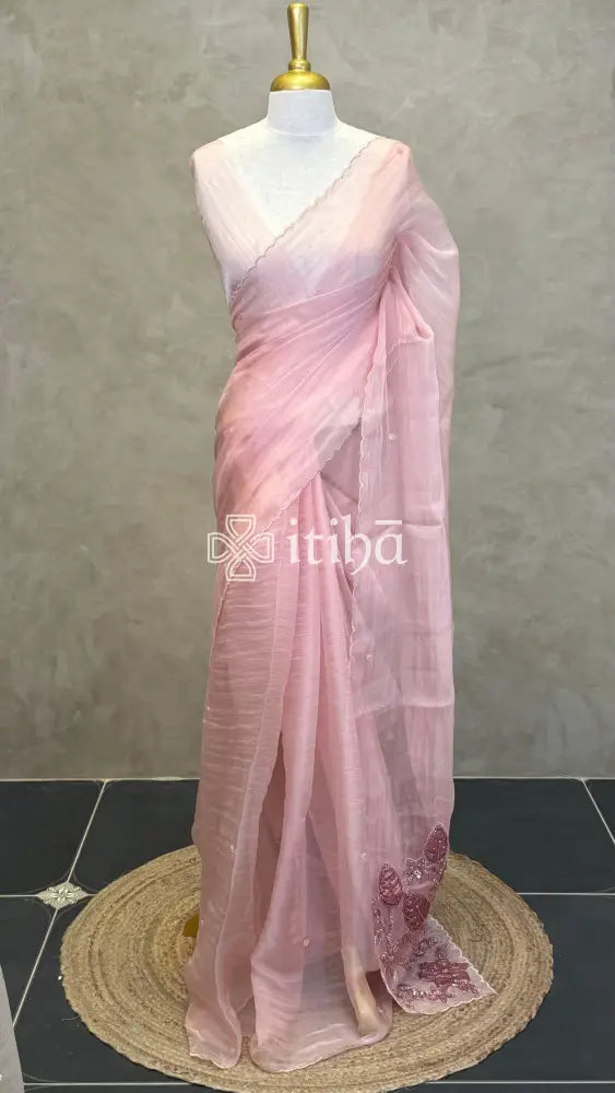 ORGANZA HAND EMBROIDERY SAREE - PEACH