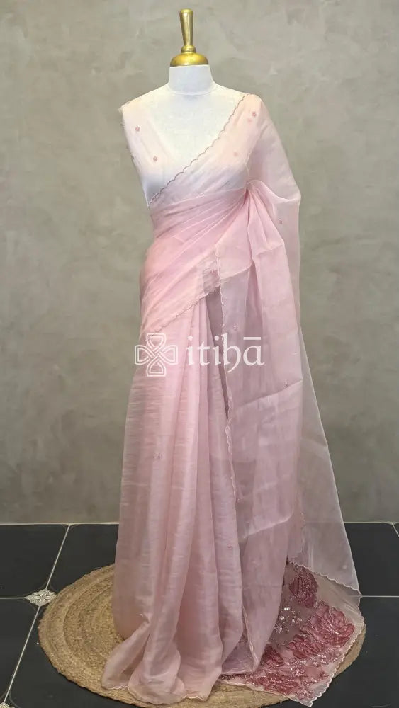 ORGANZA HAND EMBROIDERY SAREE - PEACH PINK