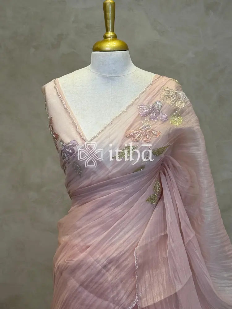 ORGANZA HANDWORK EMBROIDERY APPLIQUE SAREE