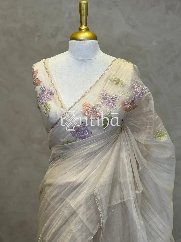 ORGANZA HANDWORK EMBROIDERY APPLIQUE SAREE