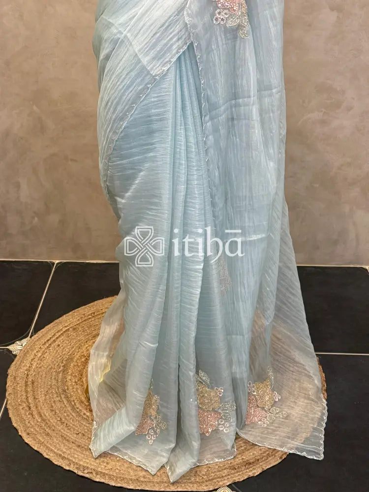 ORGANZA HANDWORK EMBROIDERY APPLIQUE SAREE