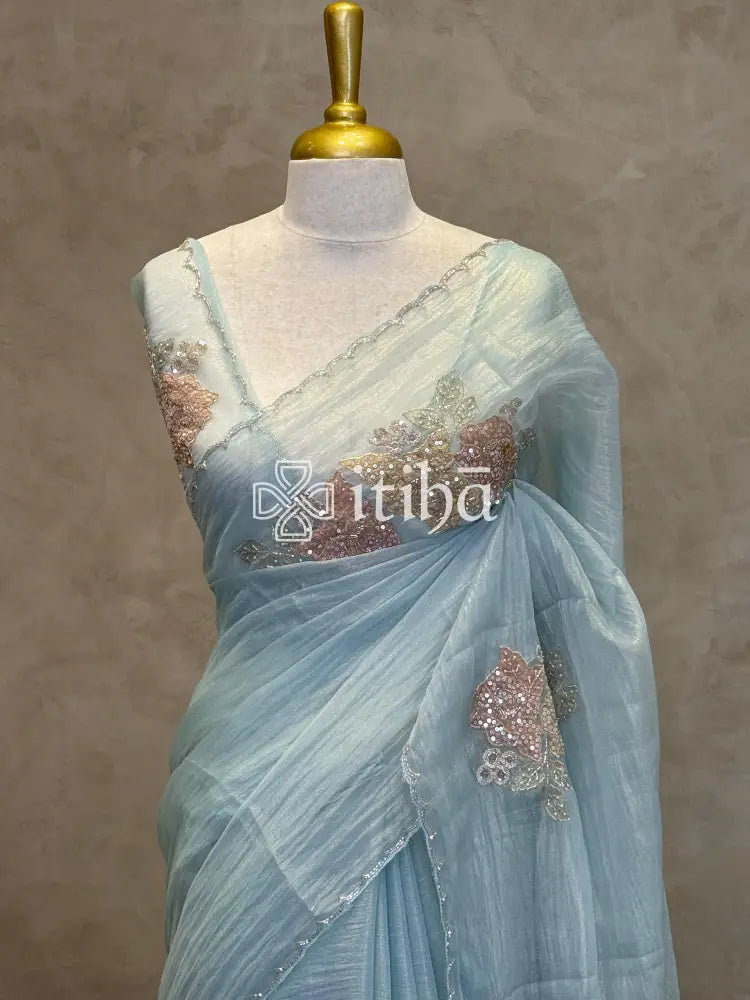 ORGANZA HANDWORK EMBROIDERY APPLIQUE SAREE