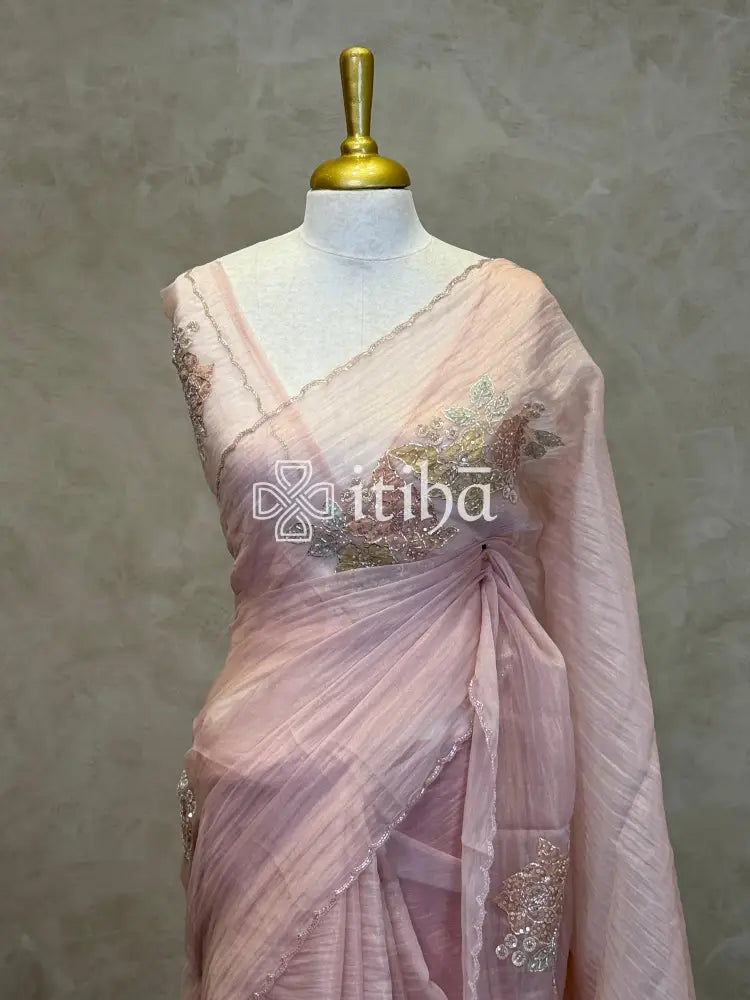 ORGANZA HANDWORK EMBROIDERY APPLIQUE SAREE