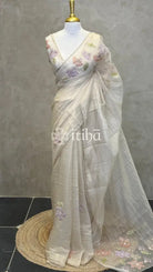 ORGANZA HANDWORK EMBROIDERY APPLIQUE SAREE - Beige