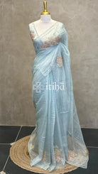 ORGANZA HANDWORK EMBROIDERY APPLIQUE SAREE - LIGHT BLUE