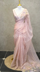 ORGANZA HANDWORK EMBROIDERY APPLIQUE SAREE - PASTEL PEACH