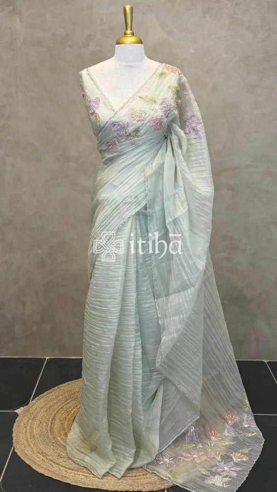ORGANZA HANDWORK EMBROIDERY APPLIQUE SAREE - PASTEL PISTA GREEN