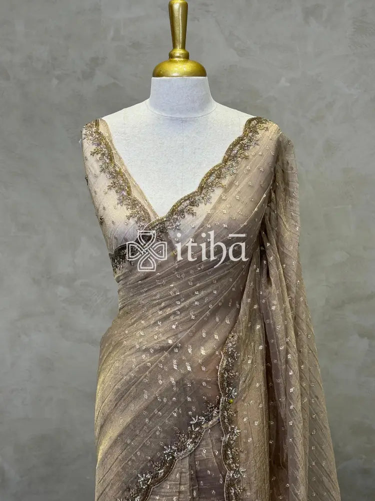 ORGANZA HANDWORK SAREE - CHAMPAGNE GOLD