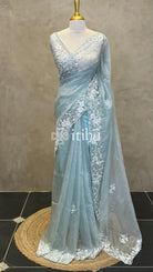 ORGANZA HANDWORK SAREE - AQUA BLUE