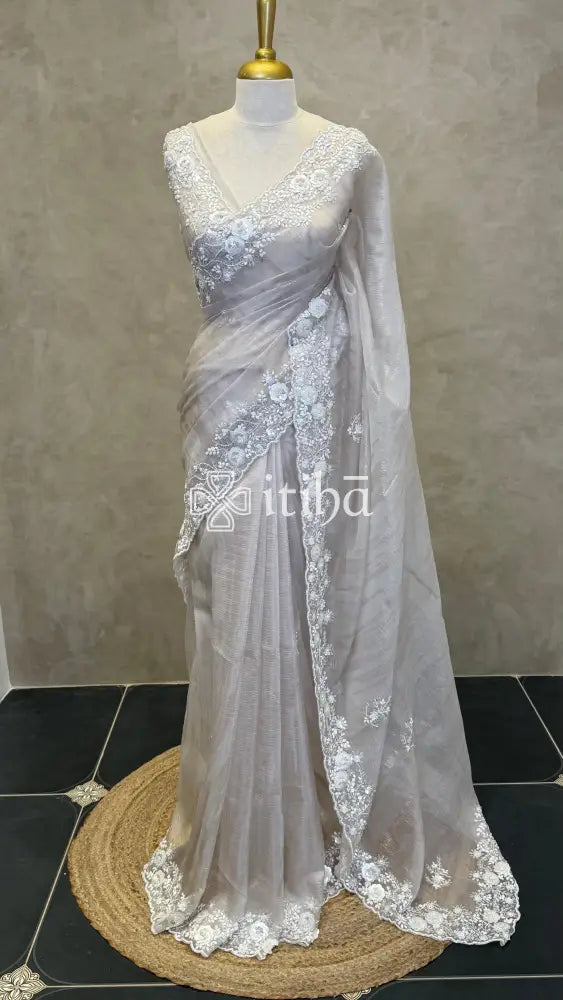 ORGANZA HANDWORK SAREE - Beige