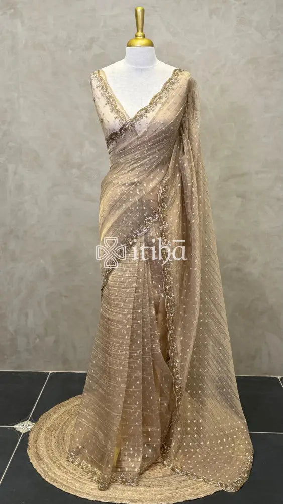 ORGANZA HANDWORK SAREE - CHAMPAGNE GOLD