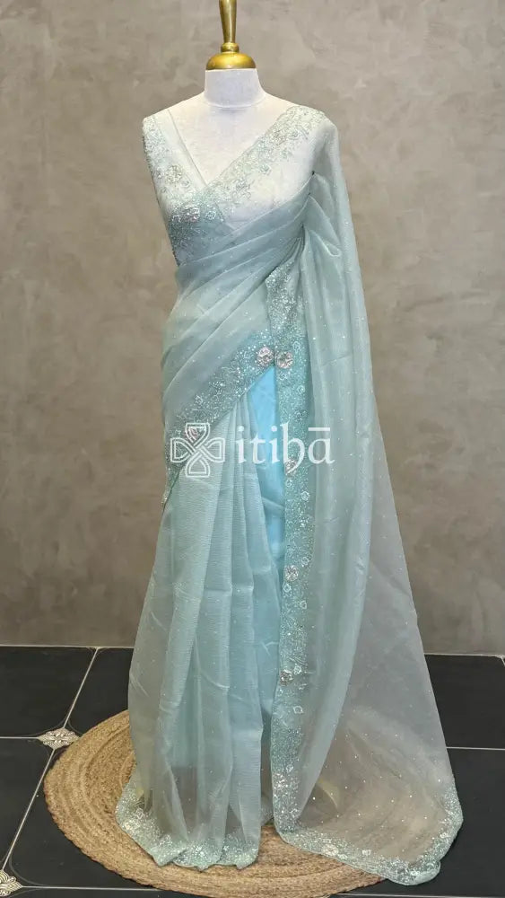 ORGANZA HANDWORK SAREE - MINT GREEN