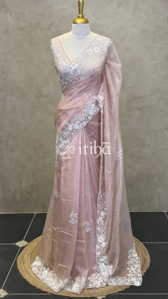 ORGANZA HANDWORK SAREE - PEACH