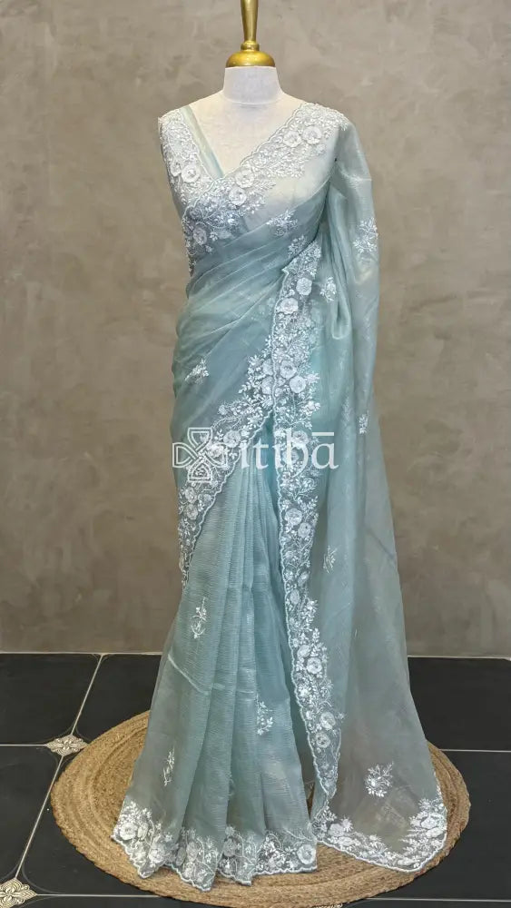ORGANZA HANDWORK SAREE - SKY BLUE