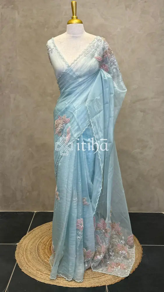 ORGANZA HANDWORKED SAREE - LIGHT BLUE