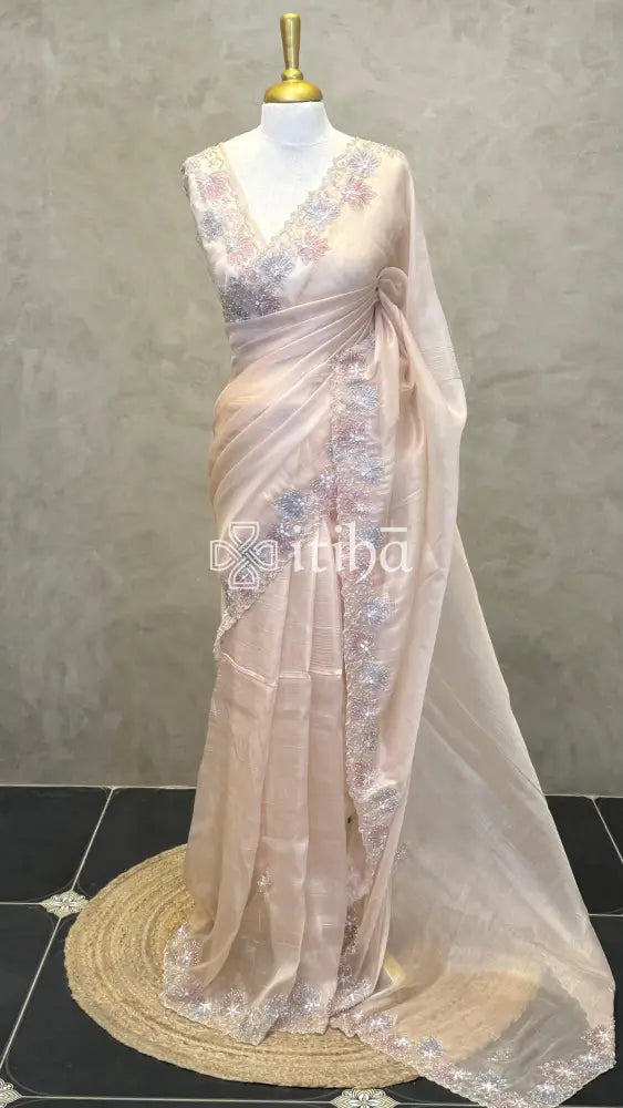 ORGANZA HANDWORKED SAREE - PASTEL PEACH