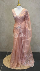 ORGANZA HANDWORKED SAREE - PASTEL PEACH