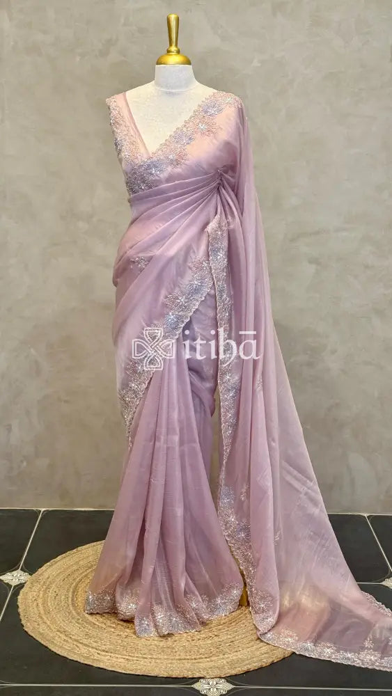 ORGANZA HANDWORKED SAREE - PASTEL PINK