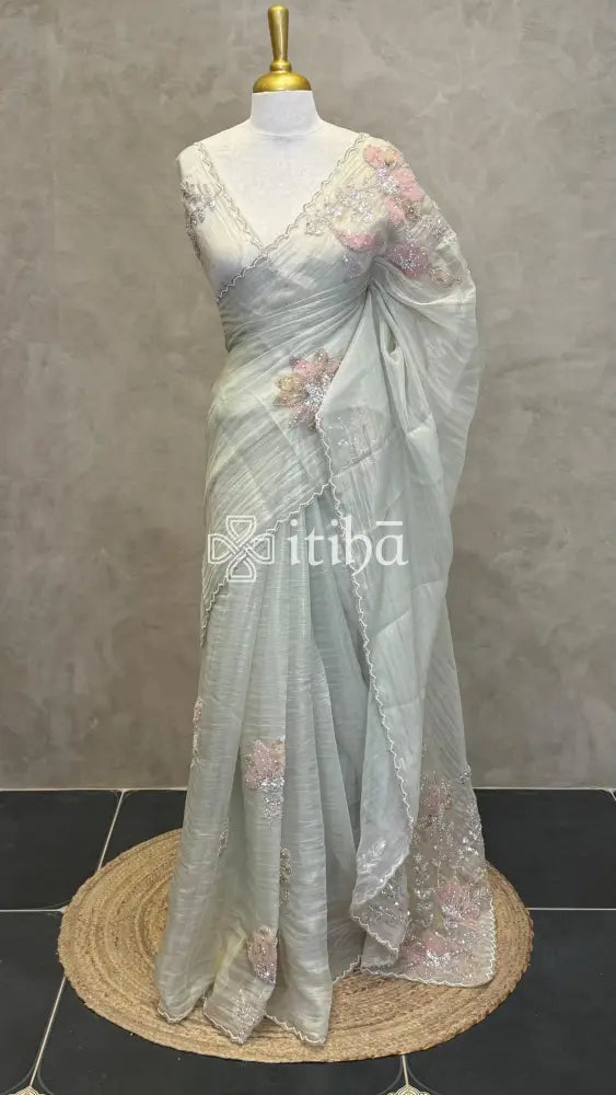 ORGANZA HANDWORKED SAREE - PASTEL PISTA GREEN