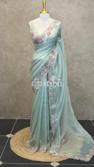 ORGANZA HANDWORKED SAREE - PASTEL SAGE GREEN