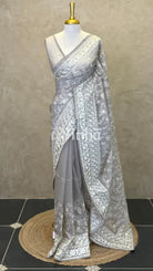 ORGANZA PARSI EMBROIDERY SAREE - LIGHT GREY