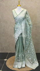 ORGANZA PARSI EMBROIDERY SAREE - PASTEL GREEN