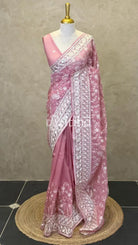 ORGANZA PARSI EMBROIDERY SAREE - Pink