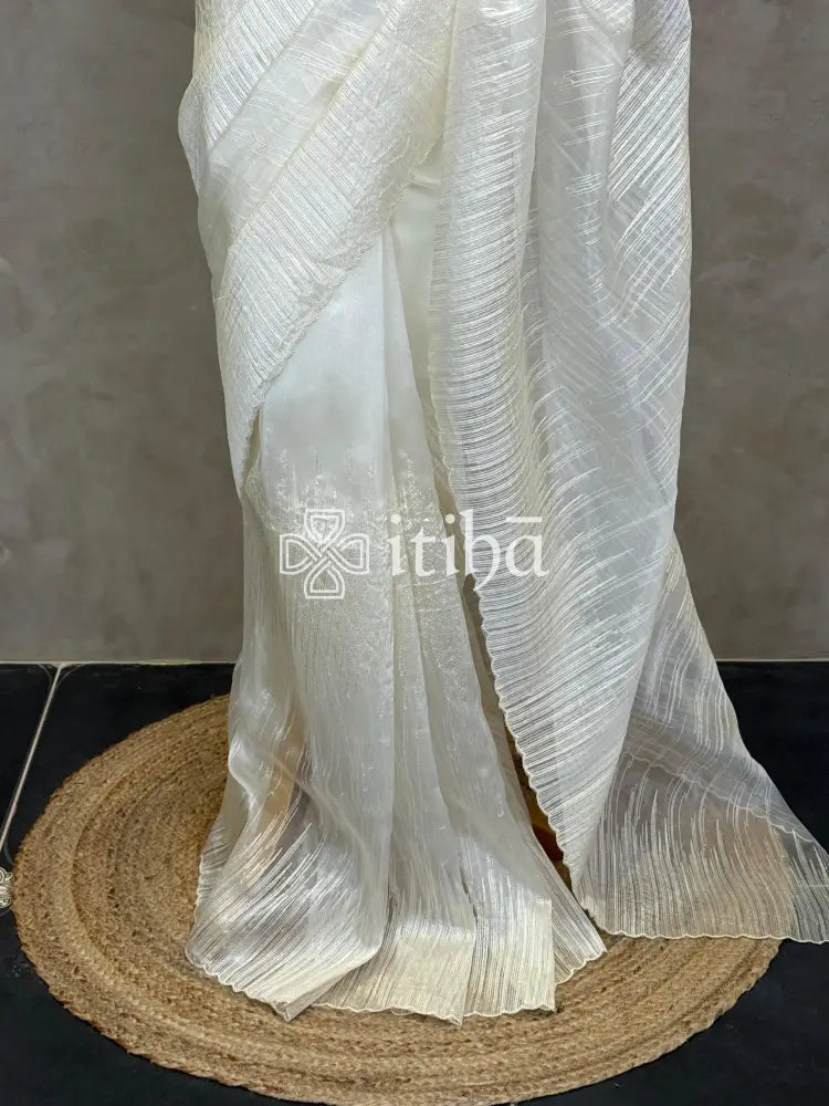 ORGANZA TURKISH APPLIQUE DESIGNER SAREE - OFF WHITE
