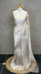 ORGANZA TURKISH APPLIQUE DESIGNER SAREE - LIGHT BEIGE