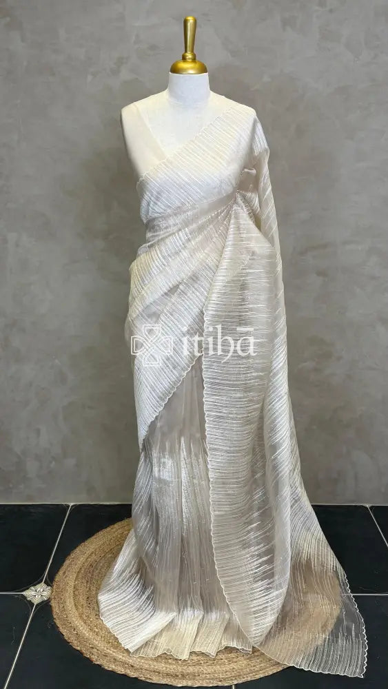 ORGANZA TURKISH APPLIQUE DESIGNER SAREE - LIGHT BEIGE