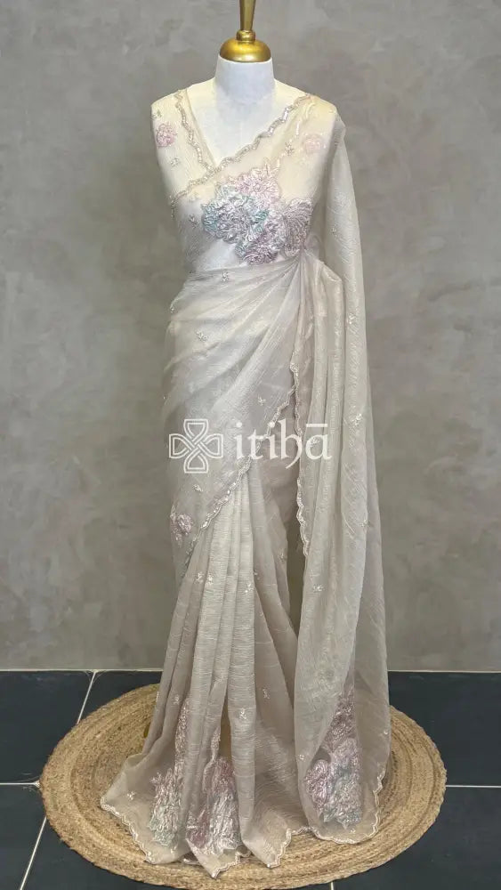 ORGANZA TURKISH APPLIQUE DESIGNER SAREE - LIGHT BEIGE