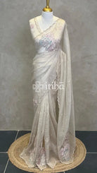 ORGANZA TURKISH APPLIQUE DESIGNER SAREE - LIGHT BEIGE