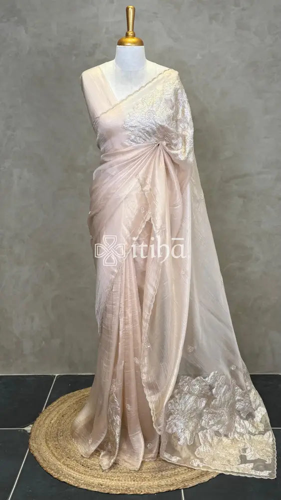 ORGANZA TURKISH APPLIQUE DESIGNER SAREE - LIGHT PEACH