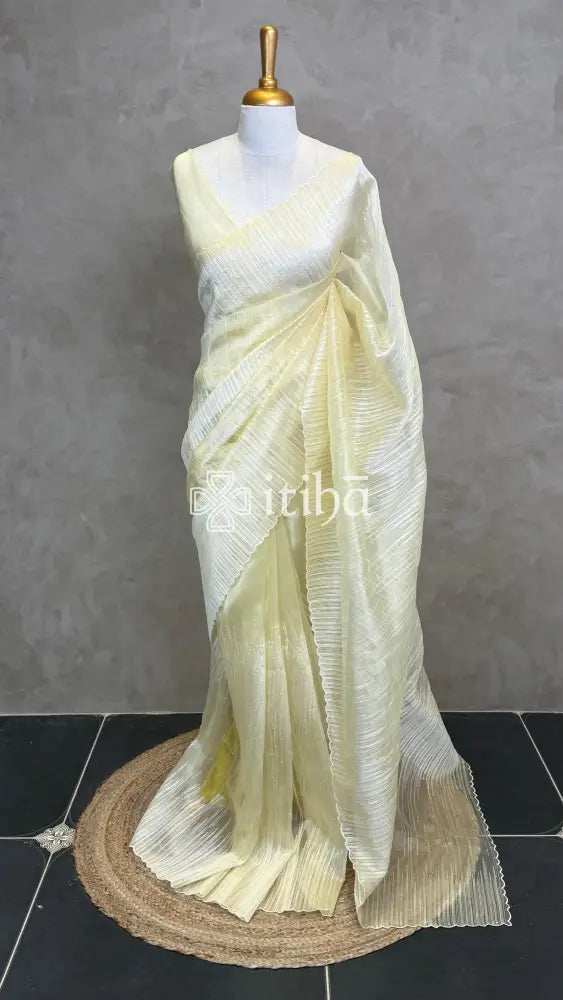 ORGANZA TURKISH APPLIQUE DESIGNER SAREE - LIGHT YELLOW