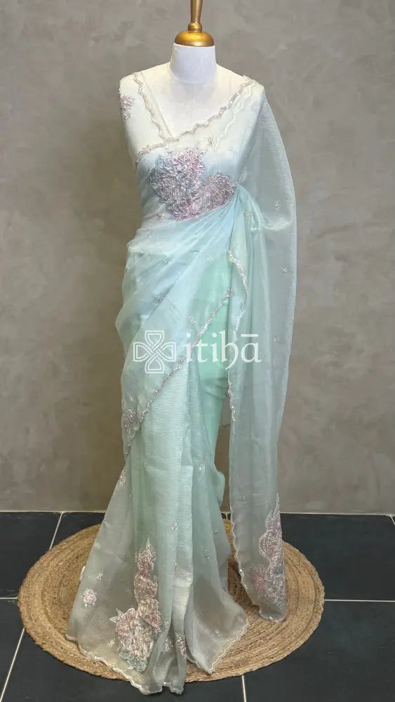 ORGANZA TURKISH APPLIQUE DESIGNER SAREE - MINT GREEN