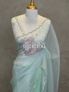 ORGANZA TURKISH APPLIQUE DESIGNER SAREE - MINT GREEN