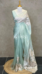 ORGANZA TURKISH APPLIQUE DESIGNER SAREE - MINT GREEN