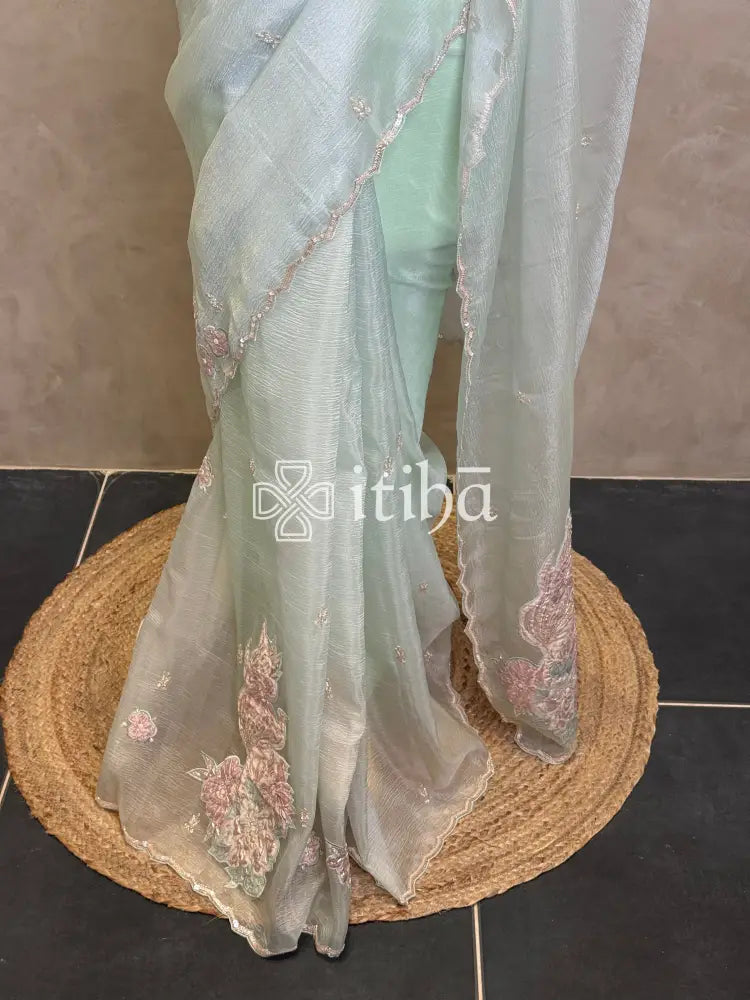 ORGANZA TURKISH APPLIQUE DESIGNER SAREE - MINT GREEN