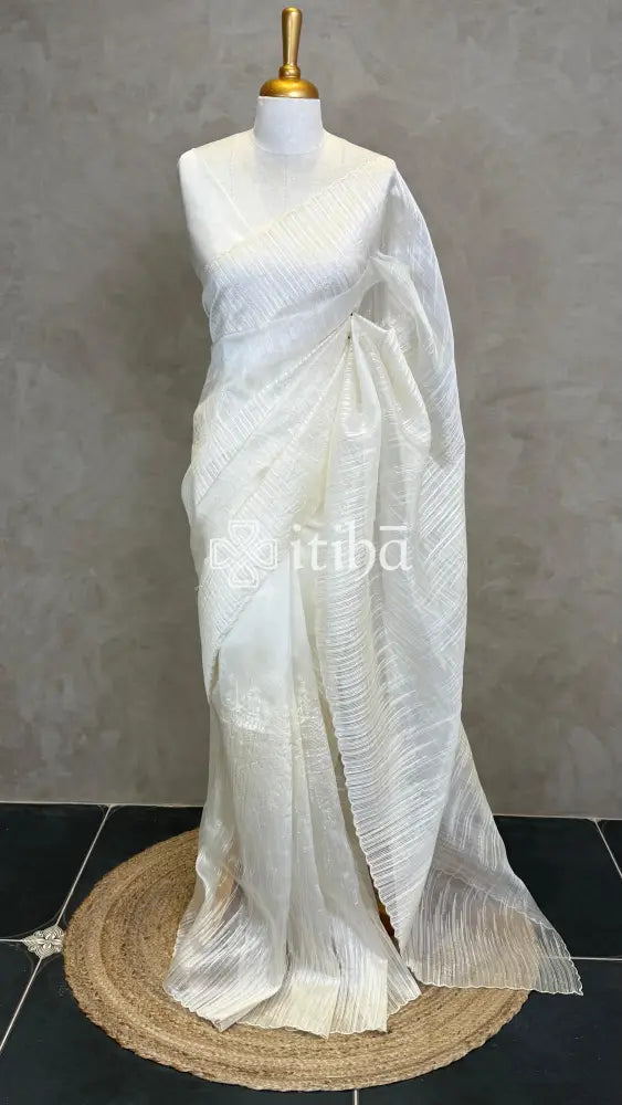 ORGANZA TURKISH APPLIQUE DESIGNER SAREE - OFF WHITE